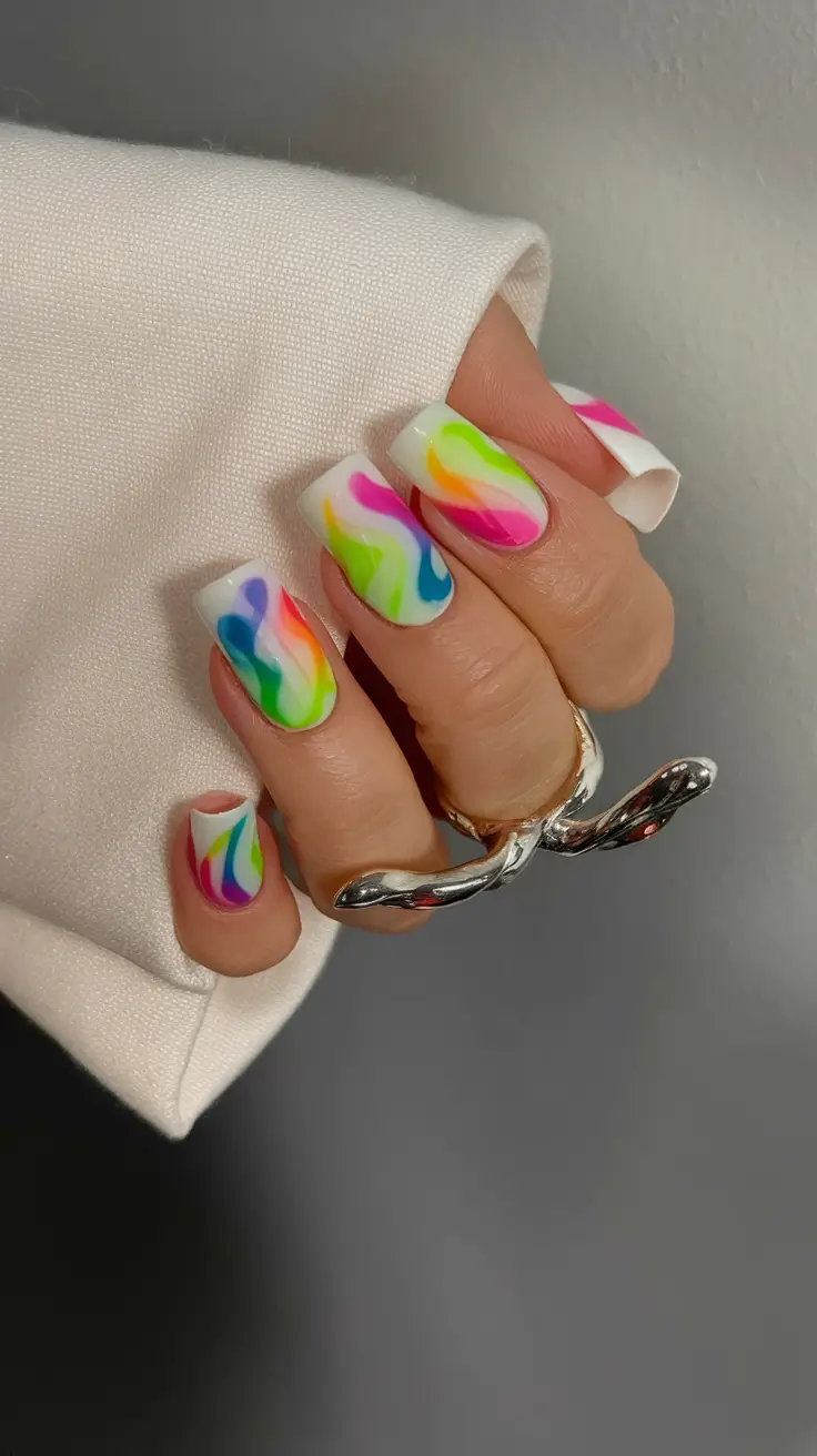 august-nails-designs-2025-square-Neon Swirls on White for an Electric Finish
