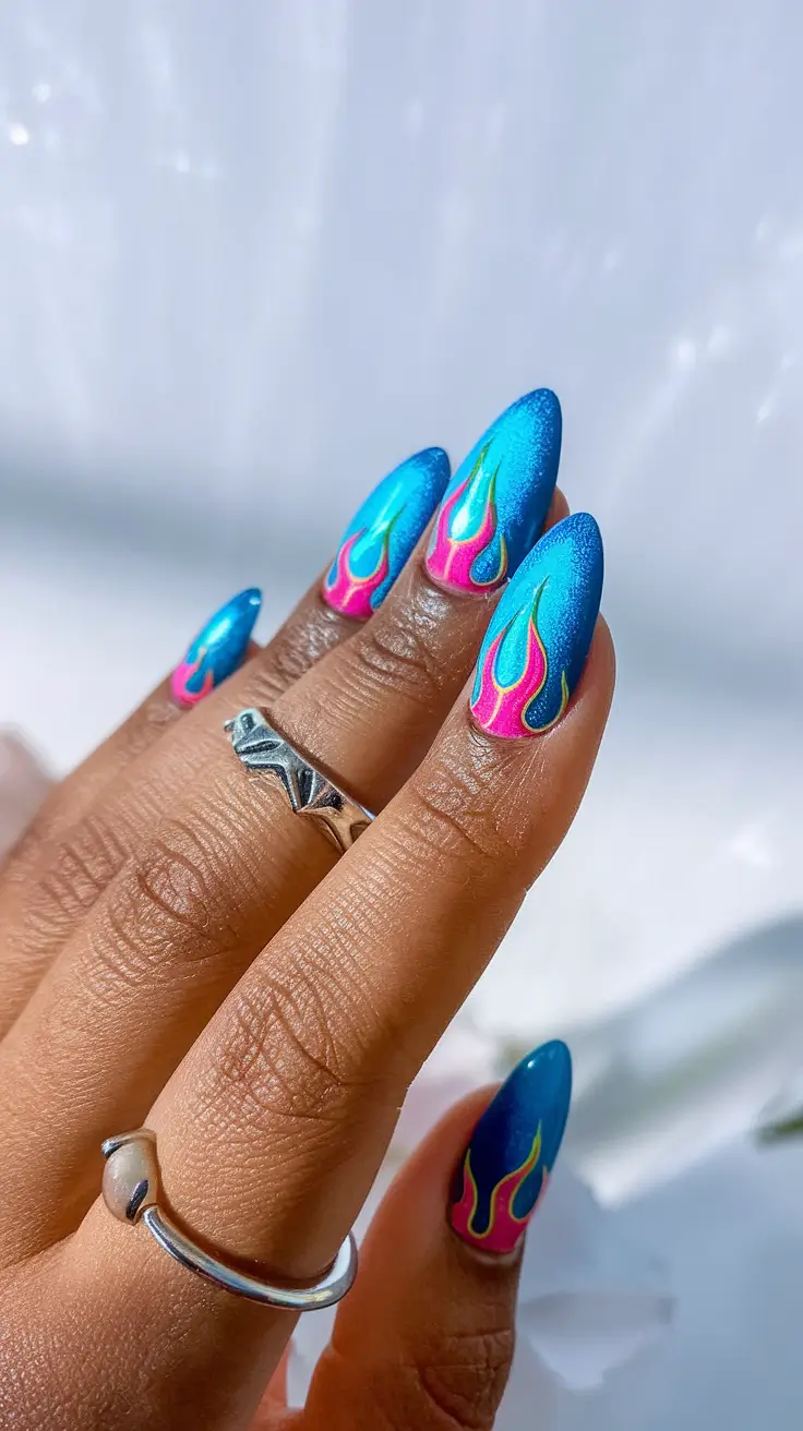 august nails designs acrylic Electric Blue Flames with Neon Tips