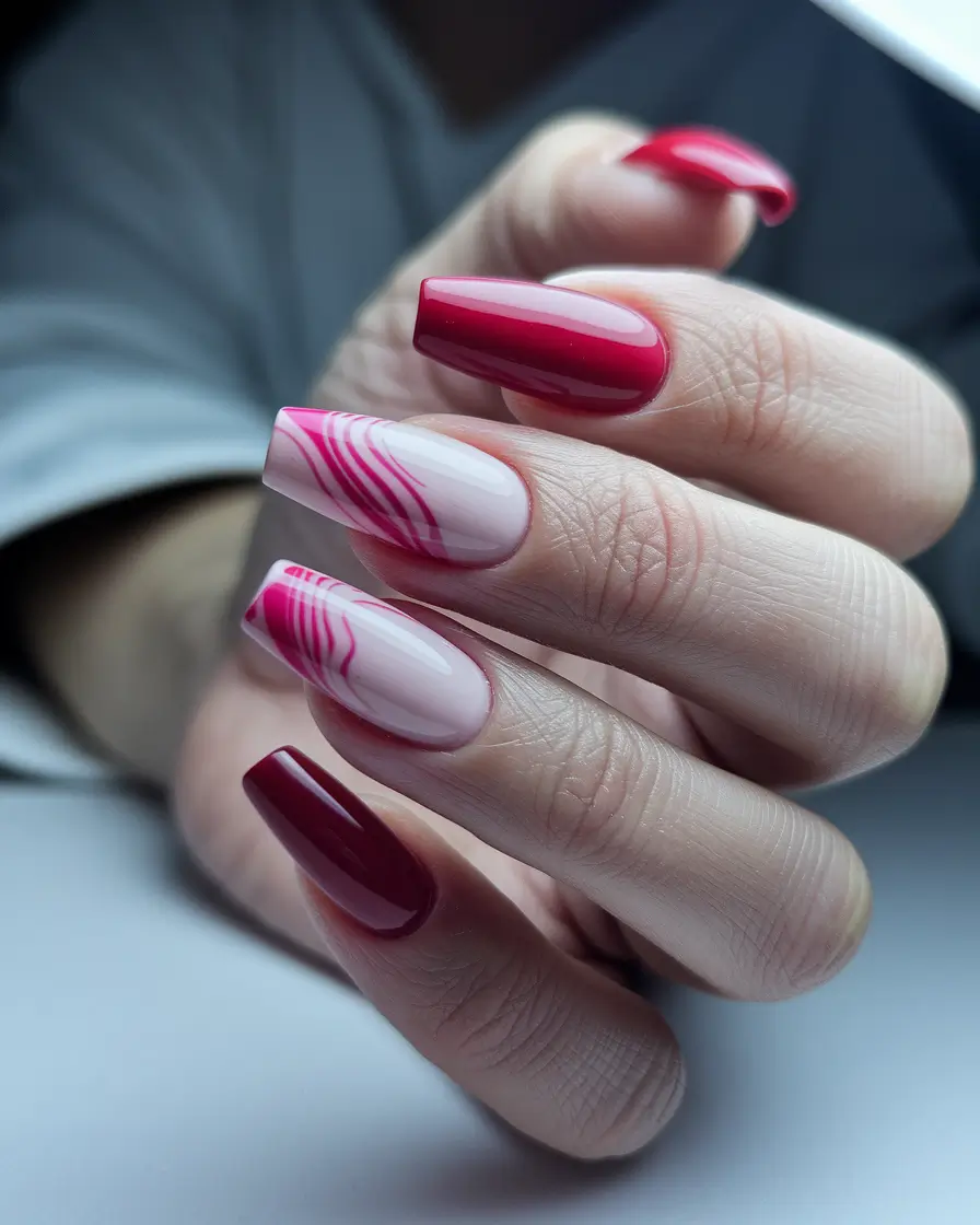 august nails designs short gel Glossy Cherry & Pink Striped Accent