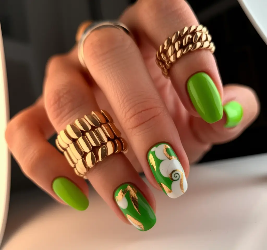 august nails designs 2025 square Botanical Green with Gold Leaf Accents