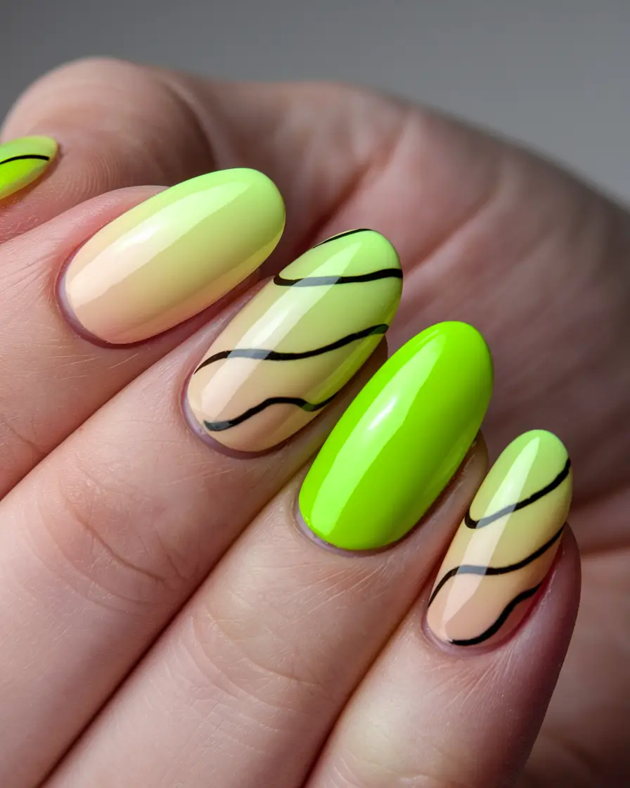 august nails designs stiletto Neon Green Wave Design