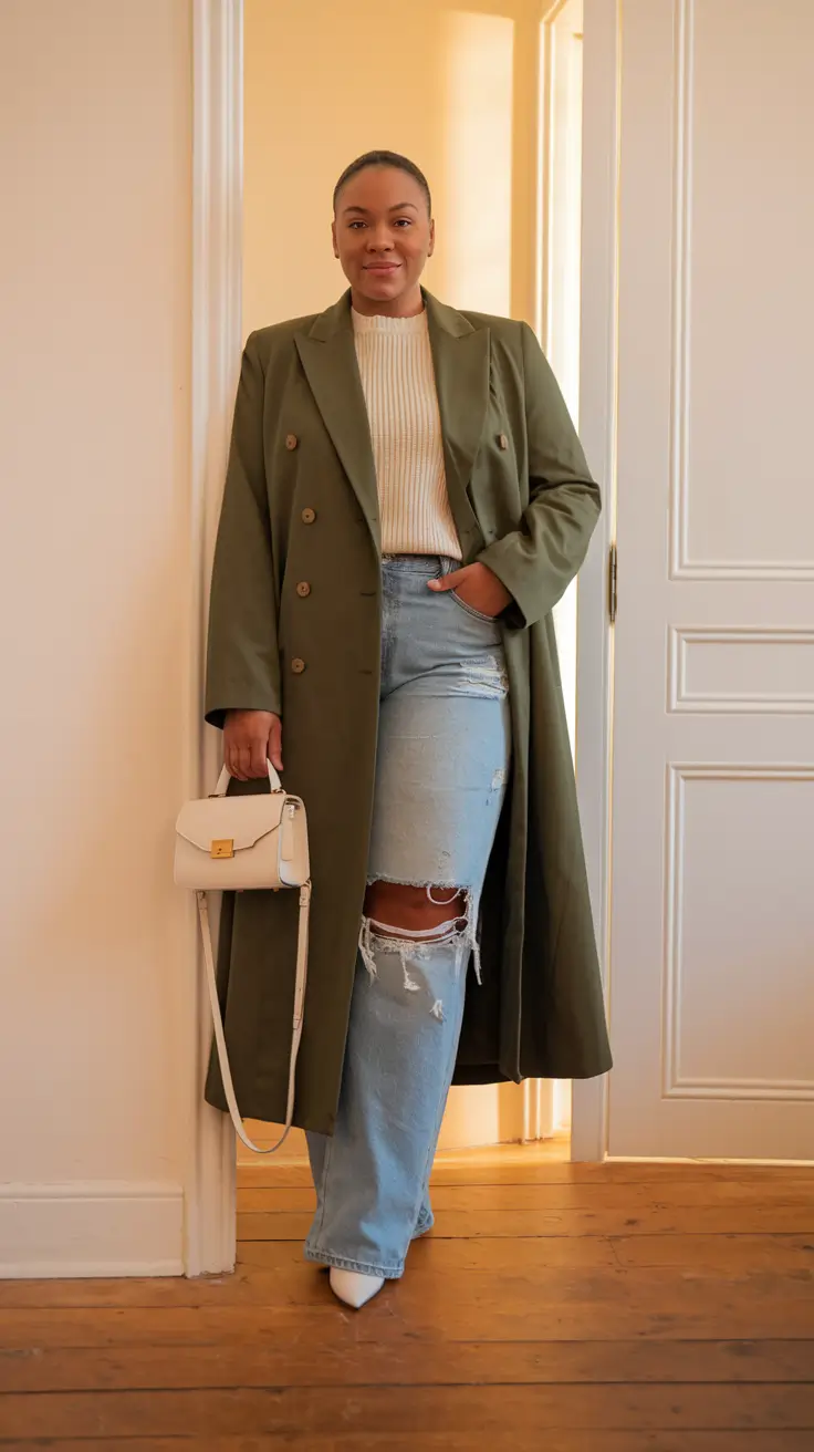 fall plus size capsule wardrobe 2025 Structured Earth Tones with Distressed Denim