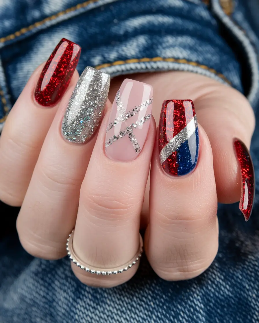 simple 4th of july nails 2025 Diagonal Glam Meets Glitter Bomb