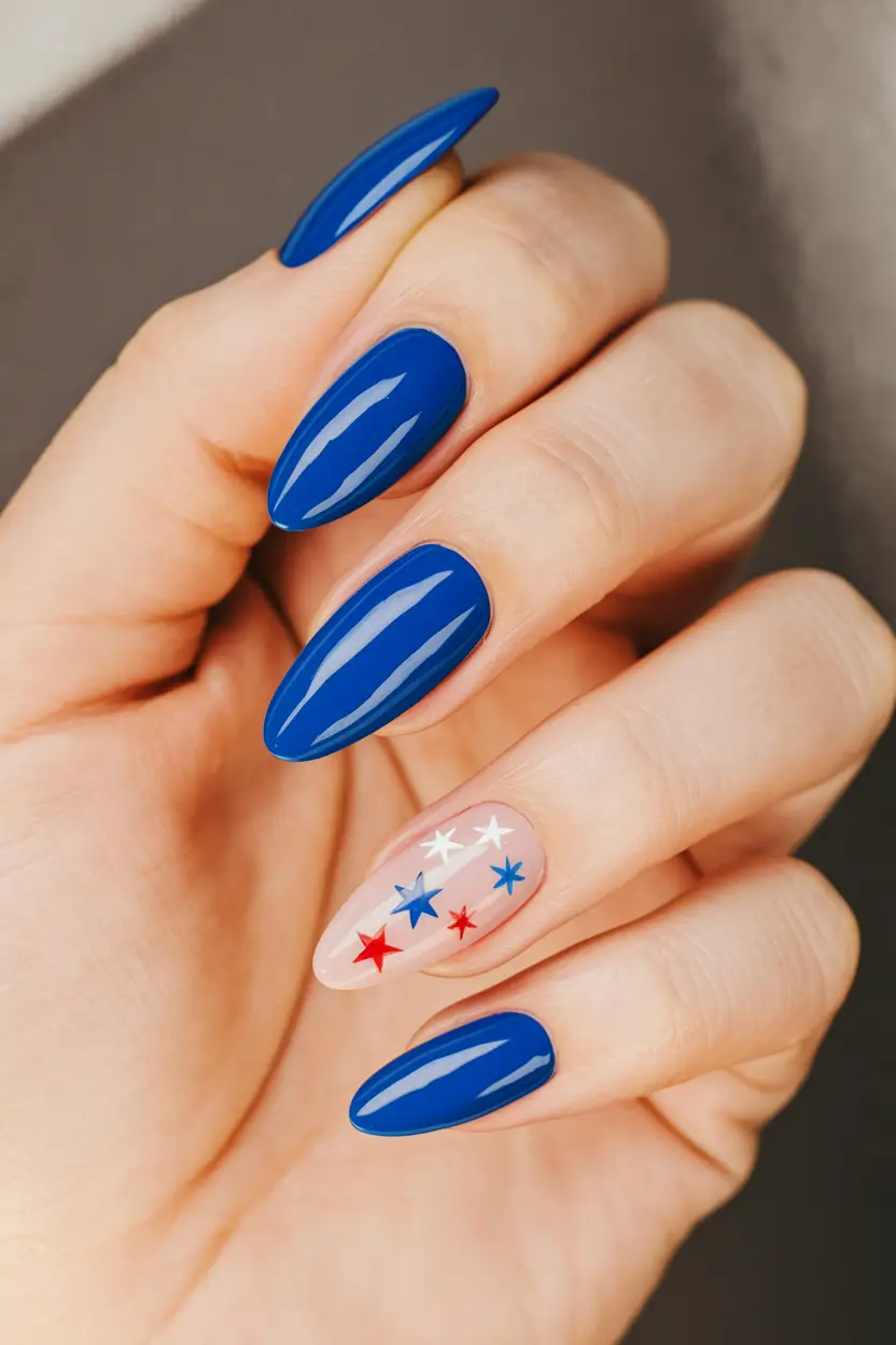 simple 4th of july nails 2025 Bold Blue Base with Shooting Stars