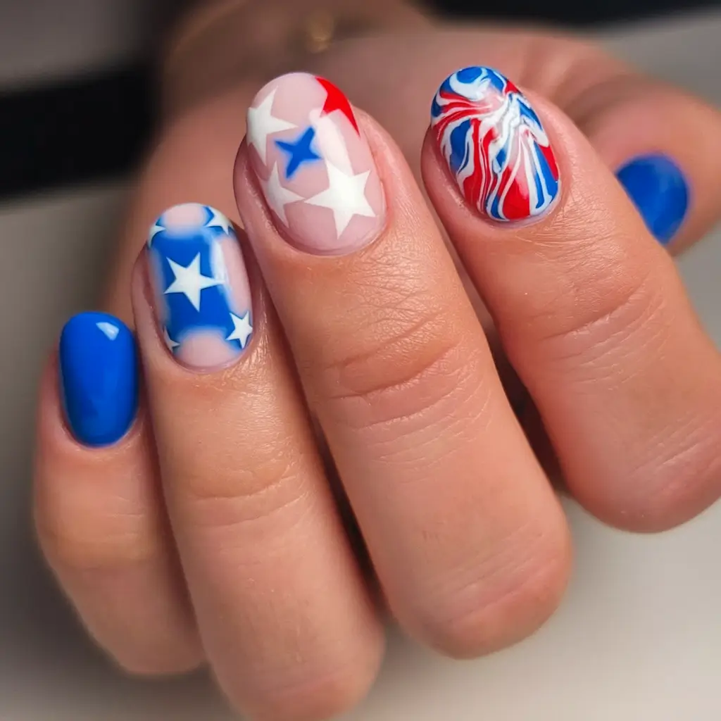simple 4th of july nails 2025 Funky Swirl and Star Mashup