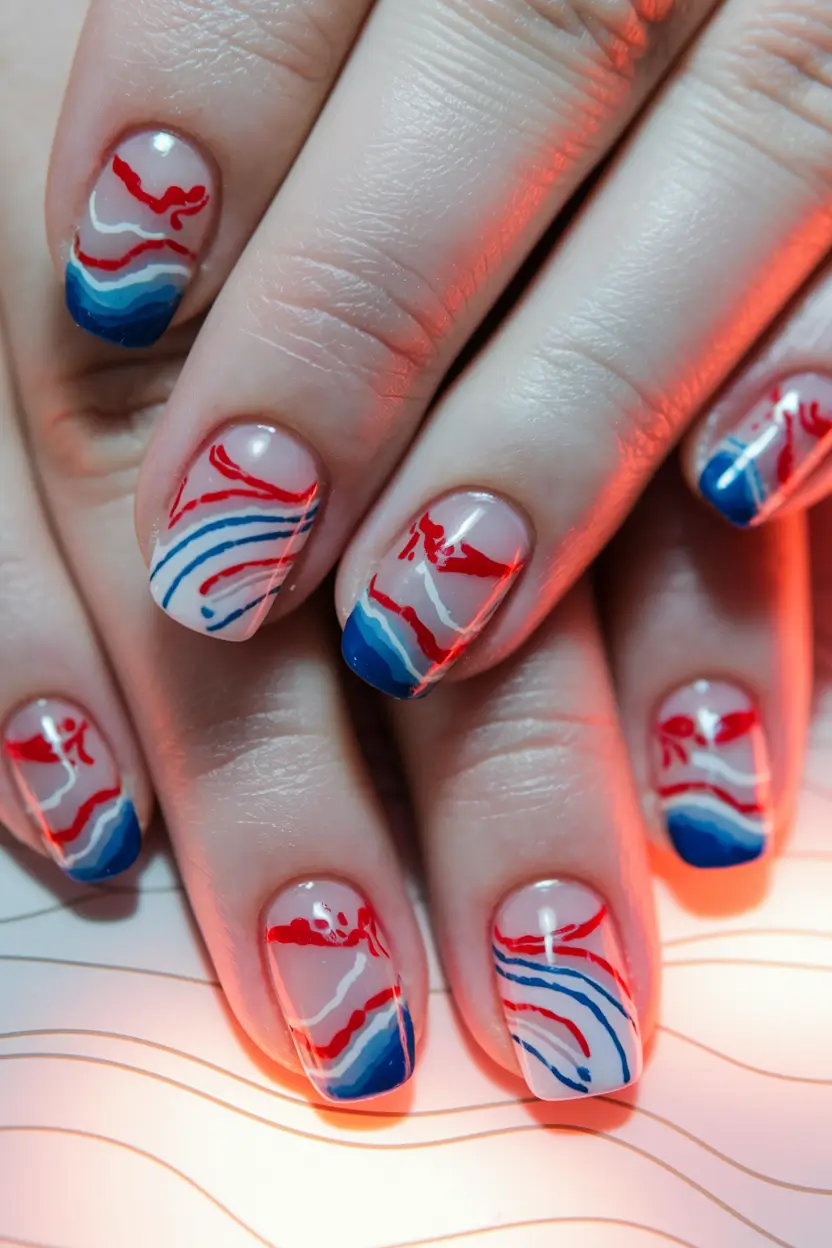 simple 4th of july nails 2025 Wavy Watercolor Fireworks