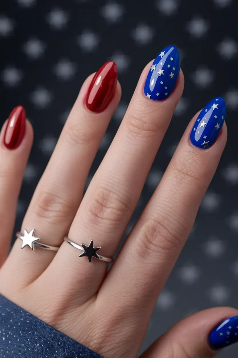 simple 4th of july nails 2025 Starry Patriot with Glossy Shine