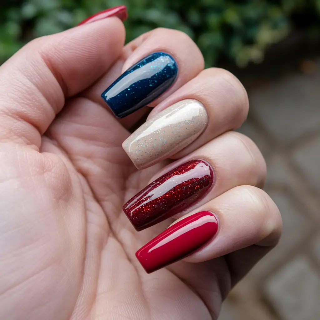 simple 4th of july nails 2025 Classic Patriotic Gloss with a Glitter Glow
