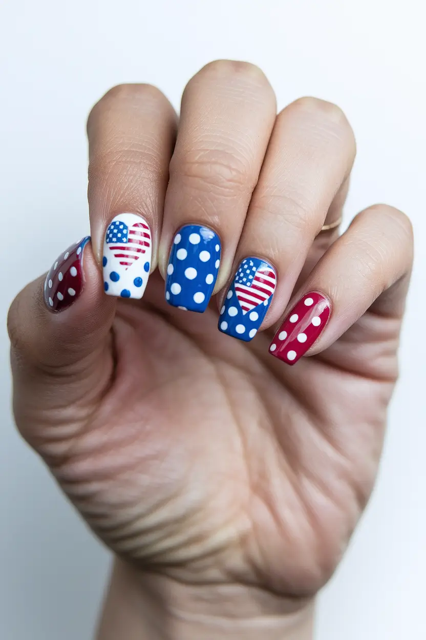 simple 4th of july nails 2025 Polka Dot Americana Hearts