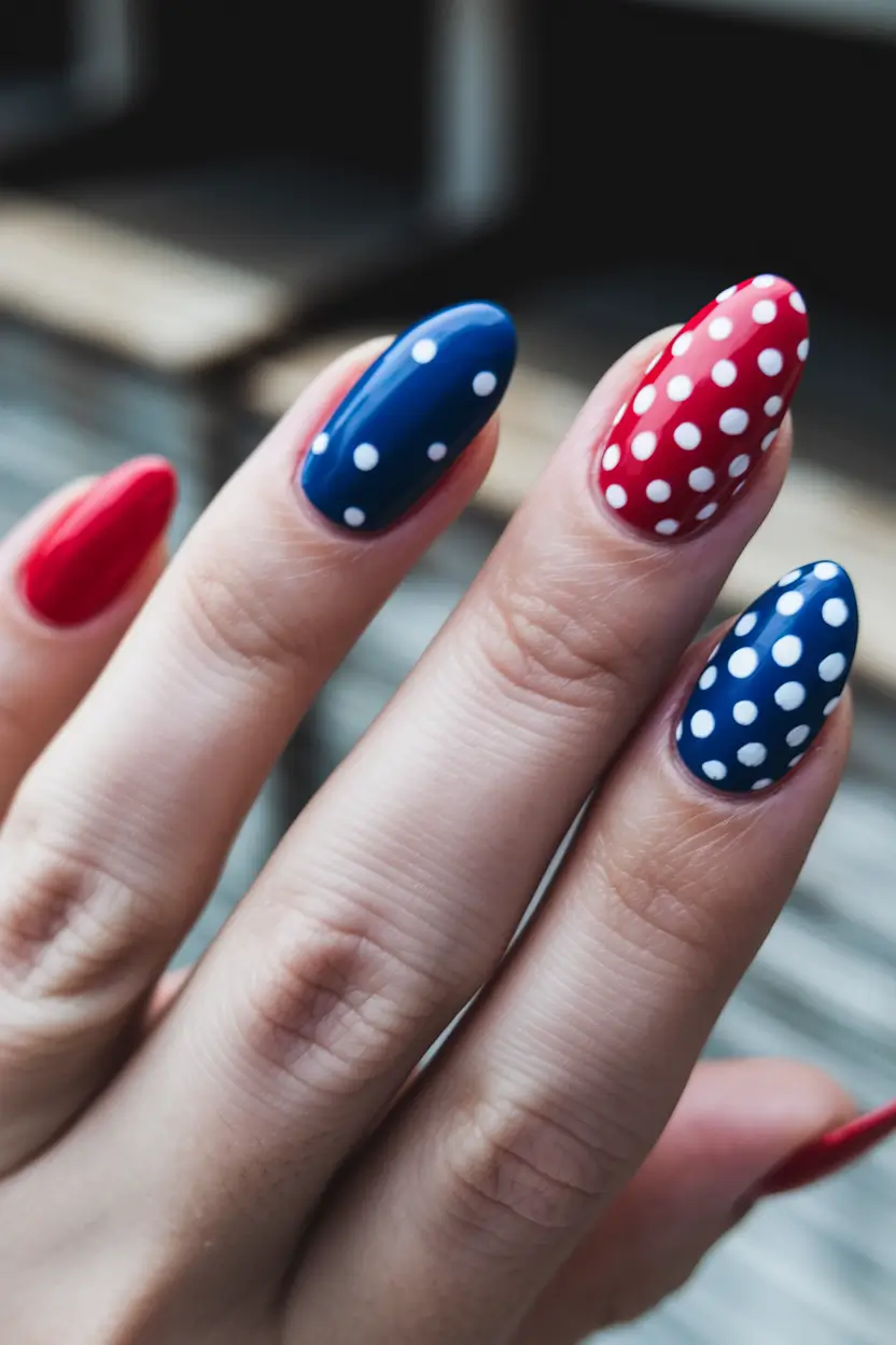 simple 4th of july nails 2025 Retro Polka Dots with a Patriotic Spin
