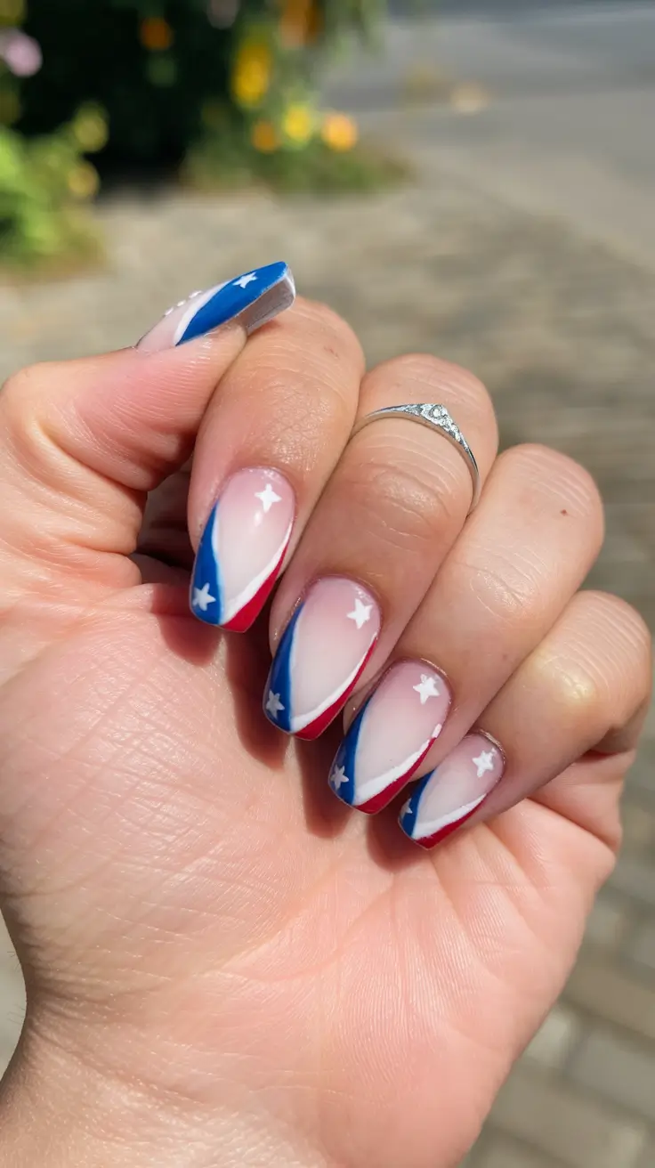 simple 4th of july nails 2025 Diagonal Ombre Stars with French Energy