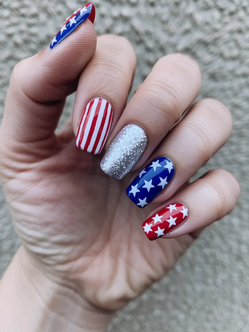 simple 4th of july nails 2025 Glitter + Stars = Instant Fireworks