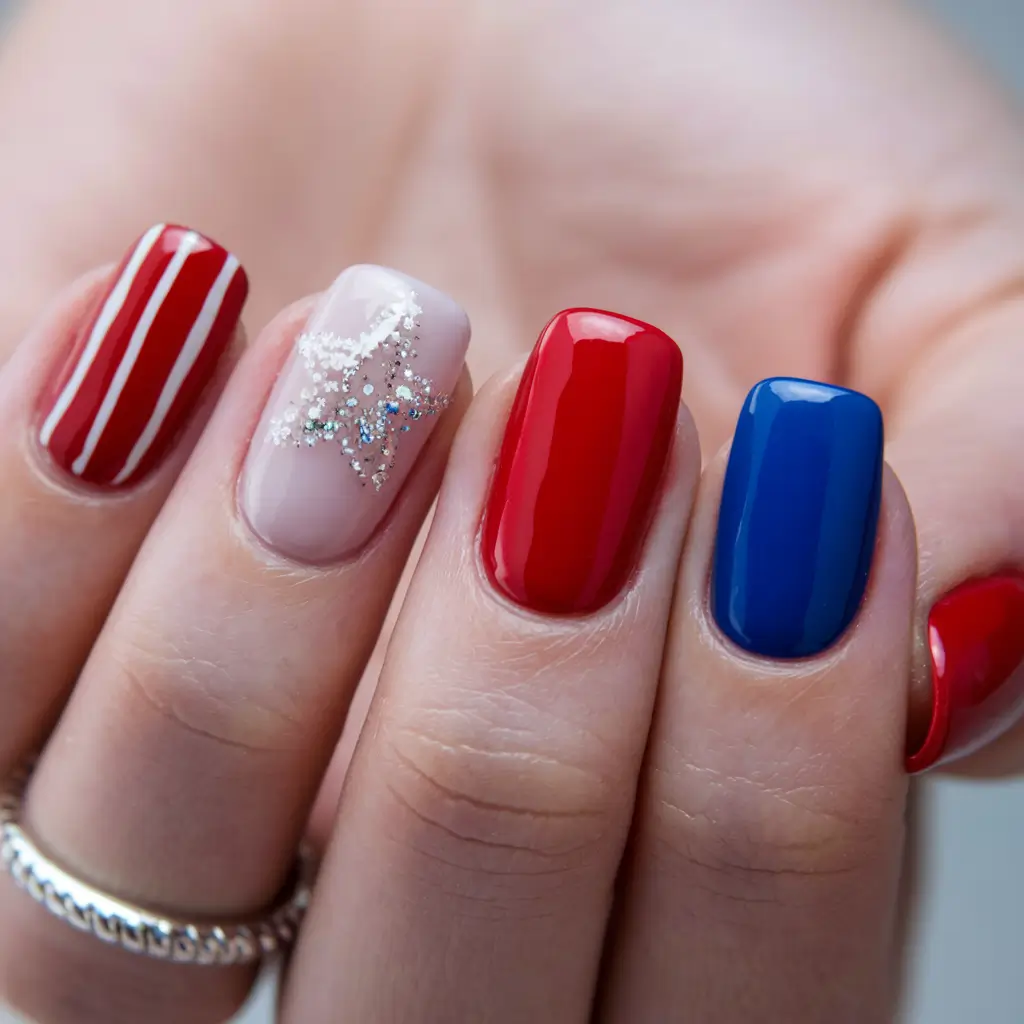 simple 4th of july nails 2025 Classic Americana with a Glitter Star Twist