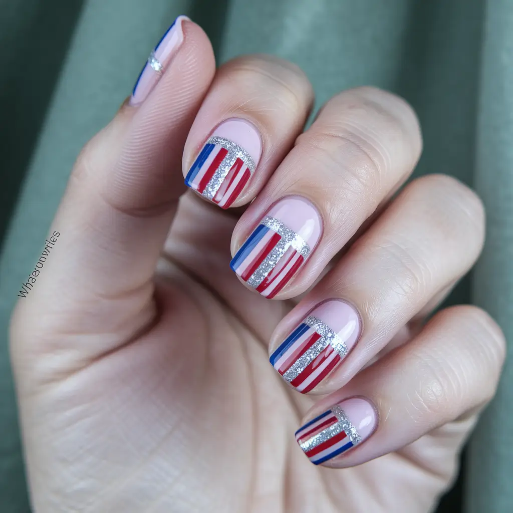 simple 4th of july nails 2025 Striped Shimmer with a Patriotic Pop