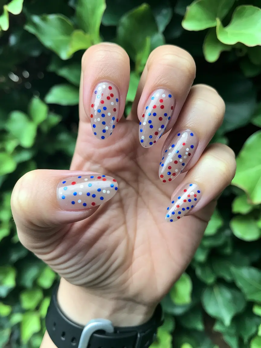 simple 4th of july nails 2025 Confetti Polka Dots on Almond Tips