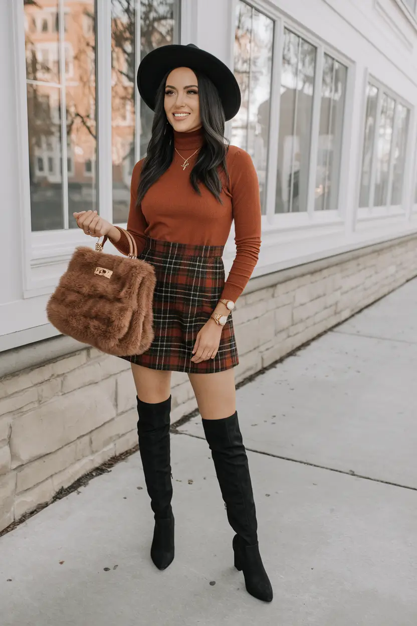 fall birthday outfits classy Plaid Skirt and Rust Turtleneck Perfection