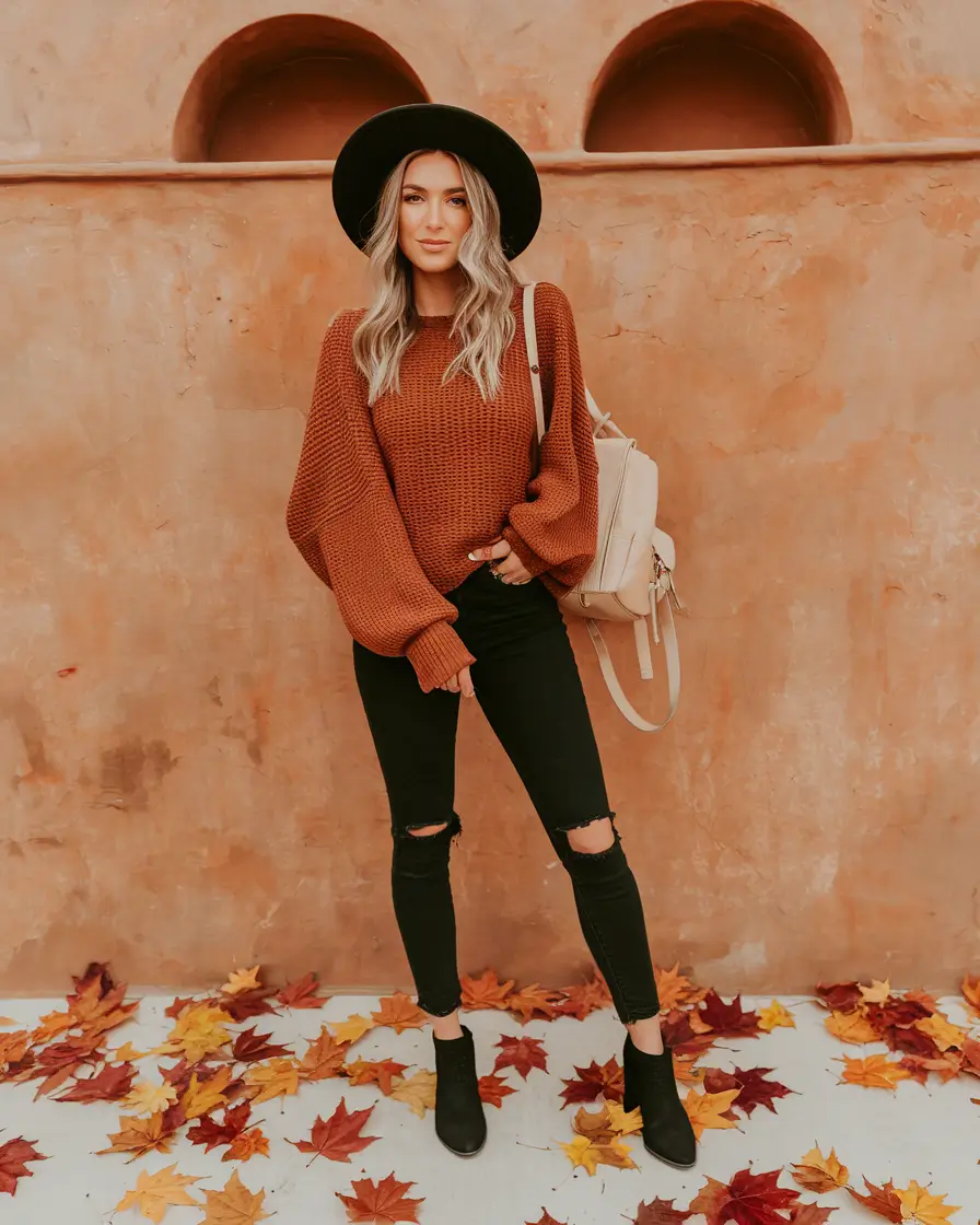 fall birthday outfits nyc Rust-Toned Sweater with a Western Twist
