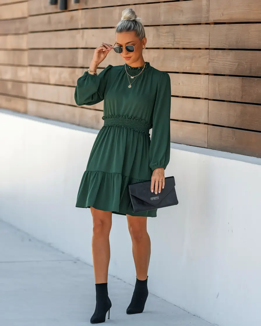 fall birthday outfits dresses Emerald Dress Elegance with Heeled Booties