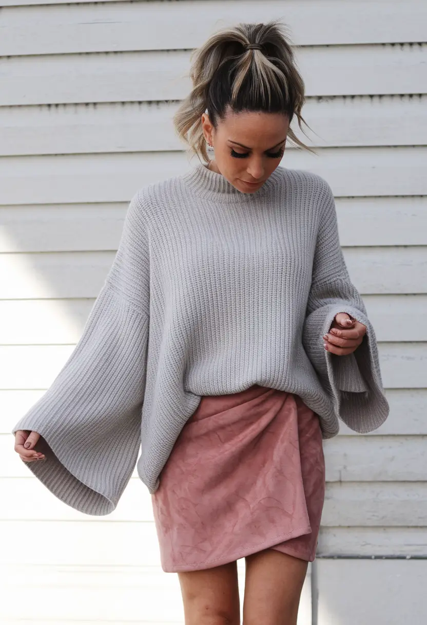 fall birthday outfits women Soft Blush Wrap Skirt with Cozy Neutrals