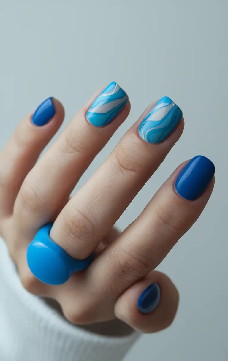 summer blue nails ideas 2025+Swirls of Ocean Blues with a Glossy Twist