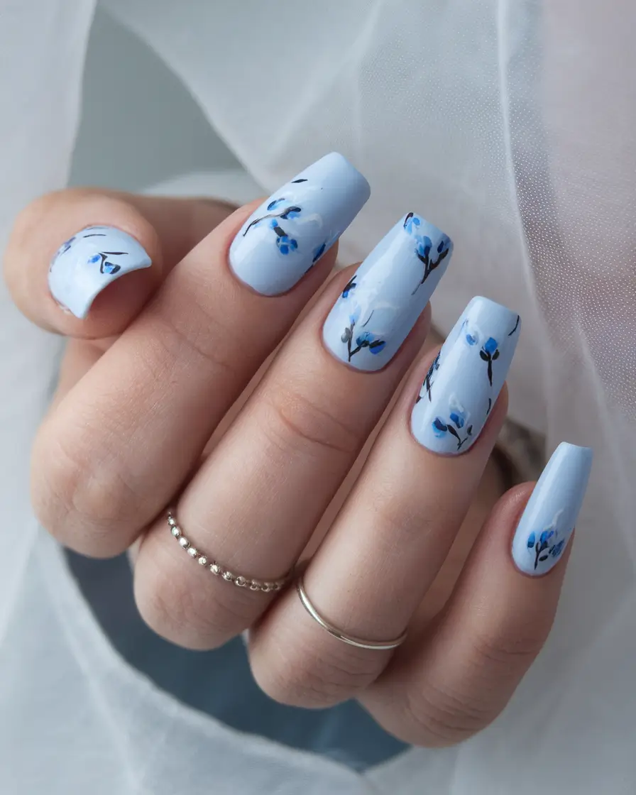 summer blue nails ideas 2025+Delicate Florals on Powder Blue