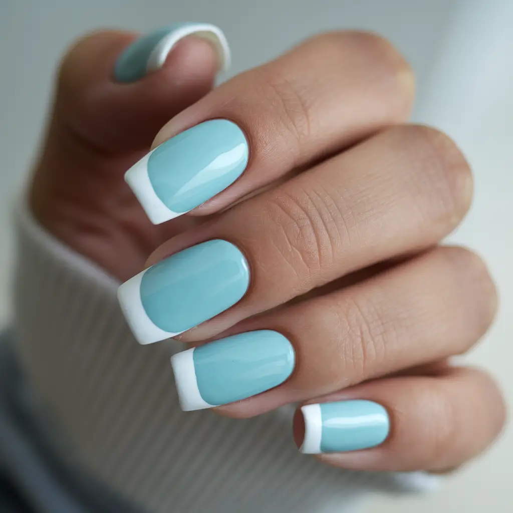 summer blue nails ideas 2025+Glossy French Tips in Baby Blue