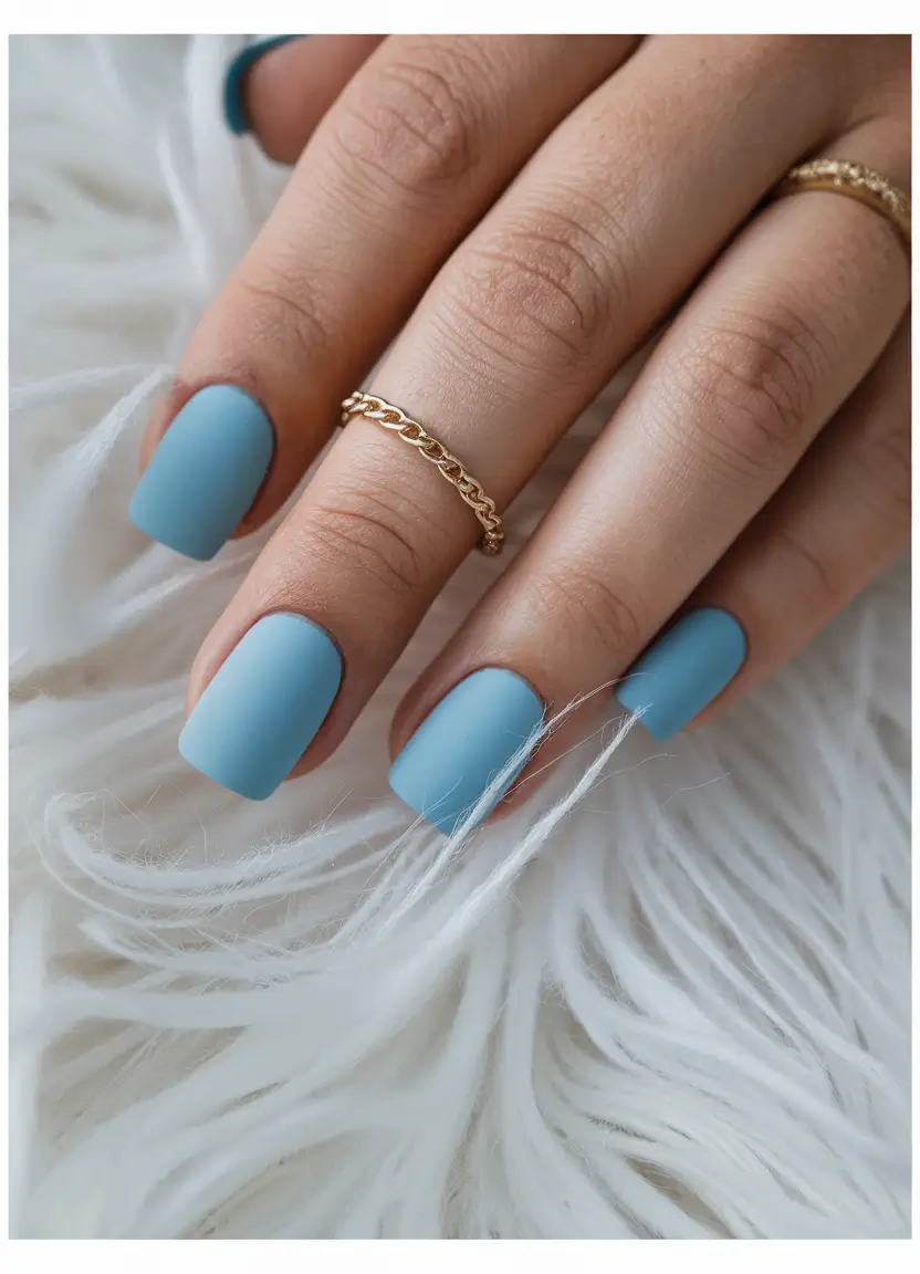 summer blue nails ideas 2025+Soft Matte Blue on Squared Short Tips