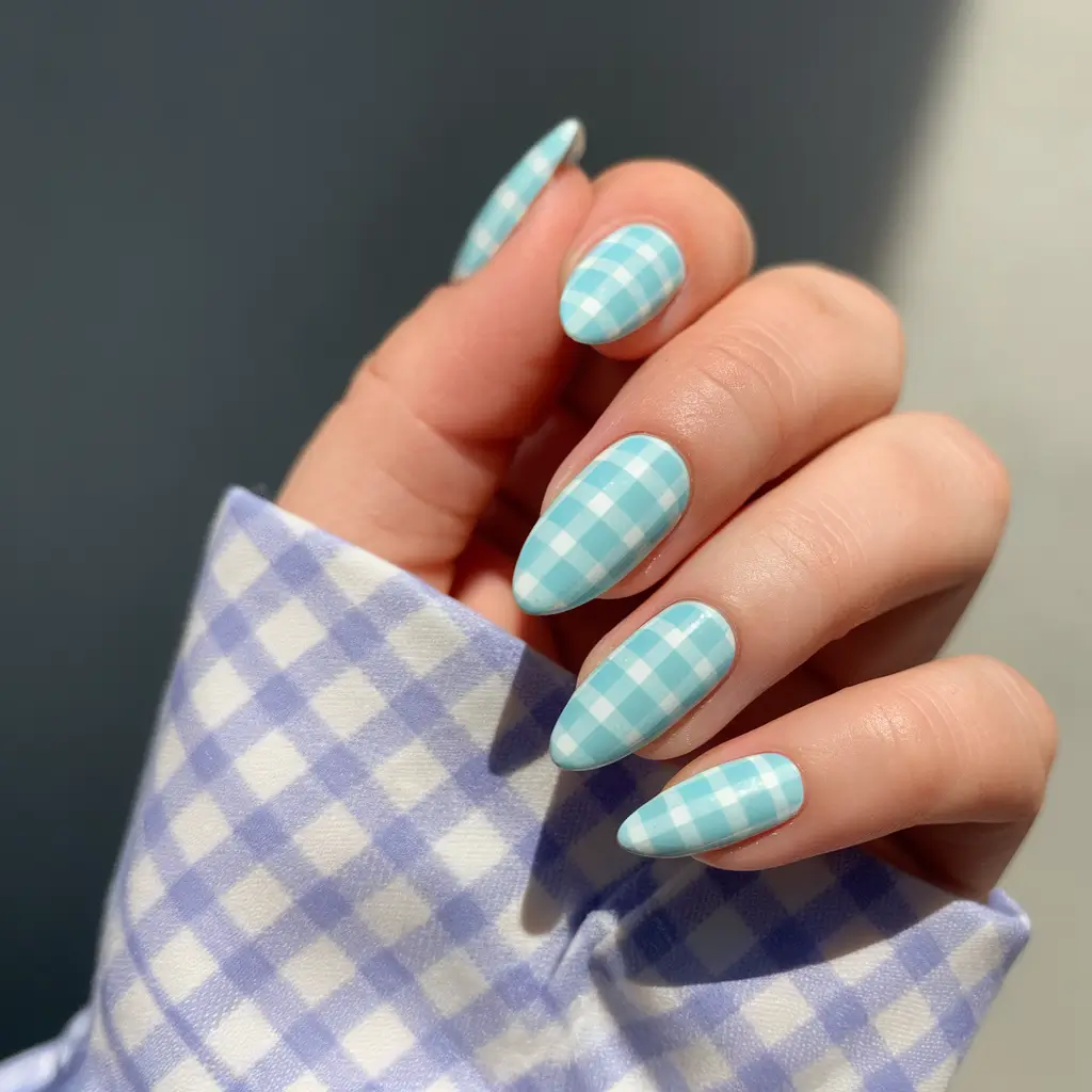 summer blue nails ideas 2025+Gingham Picnic Nails in Pastel Blue