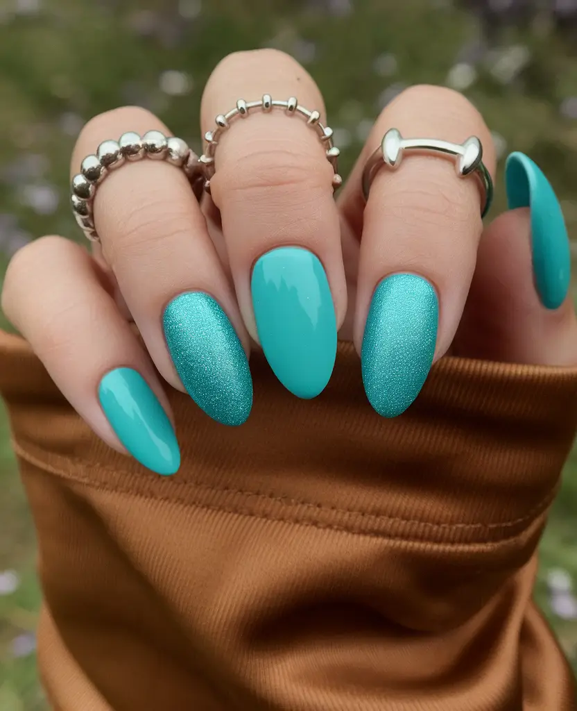 summer blue nails ideas 2025+Mermaid Teal with Satin & Shine