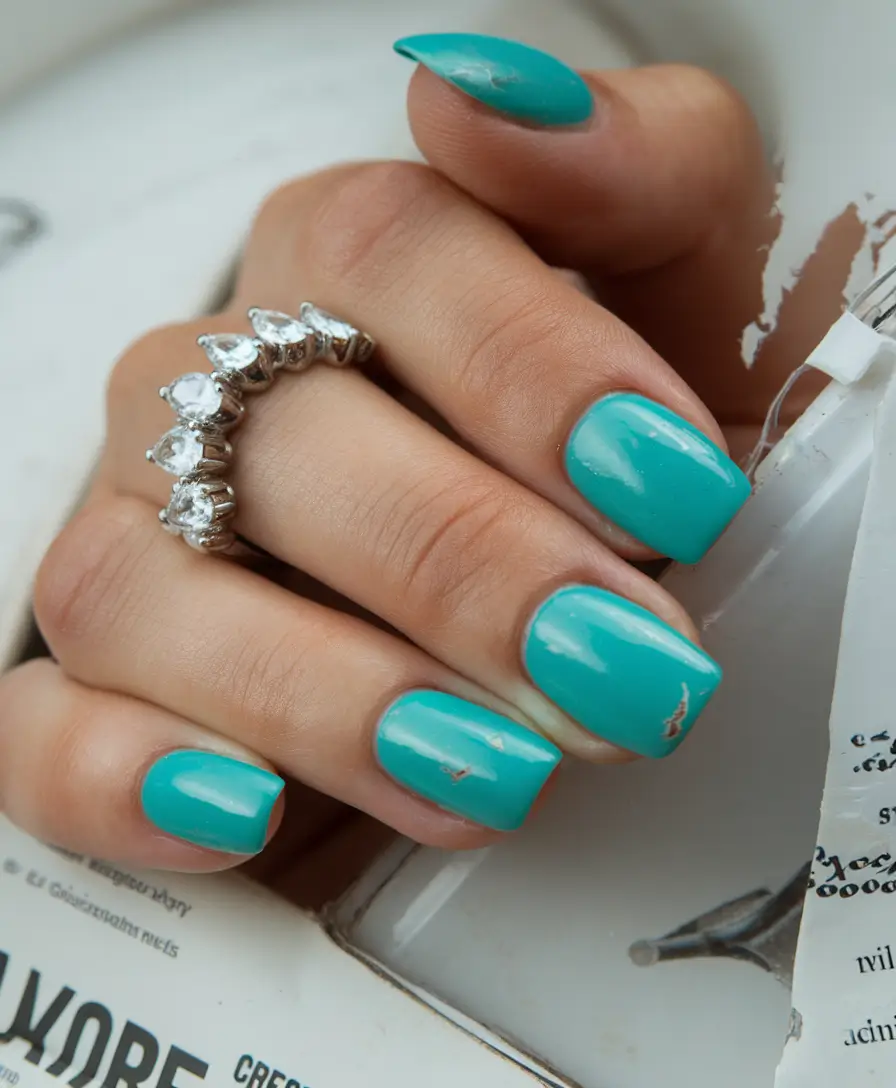 summer blue nails ideas 2025+Tropical Aqua on Natural Short Nails