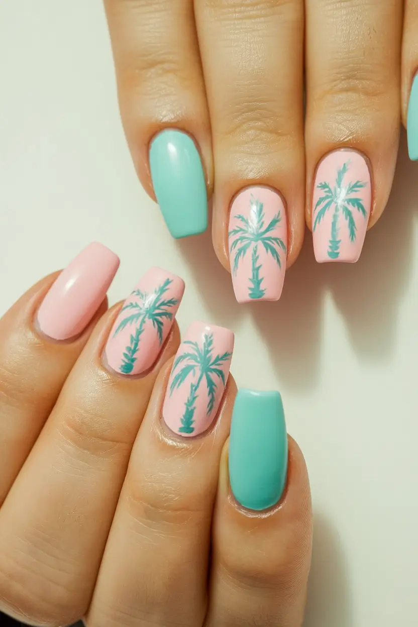 summer blue nails ideas 2025+Pink & Teal Palm Tree Escape