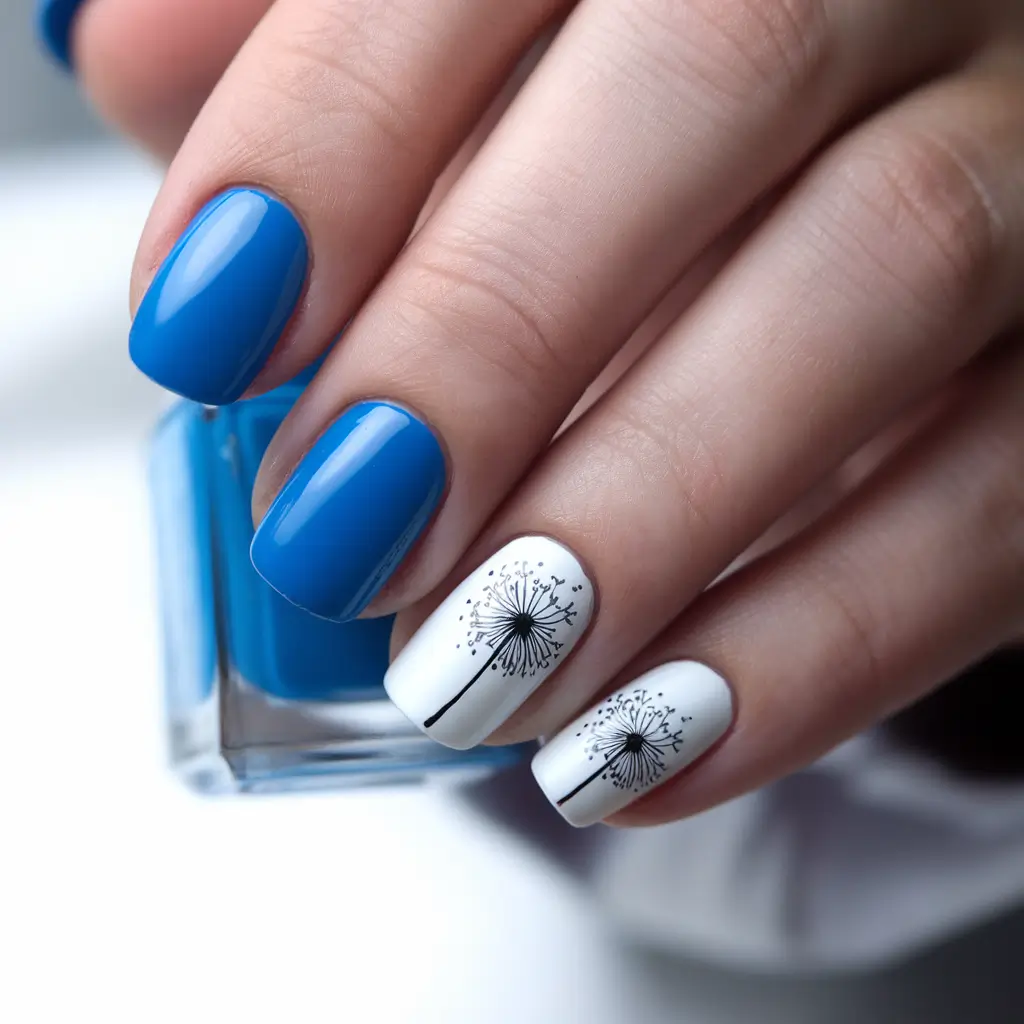 summer blue nails ideas 2025+Minimalist Dandelion Dreams