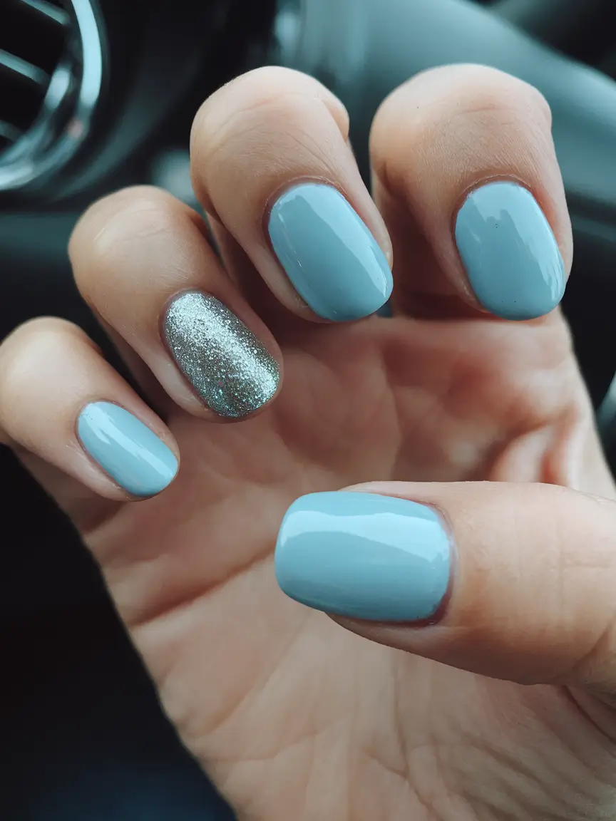 summer blue nails ideas 2025+Pastel Blue With a Hint of Stardust