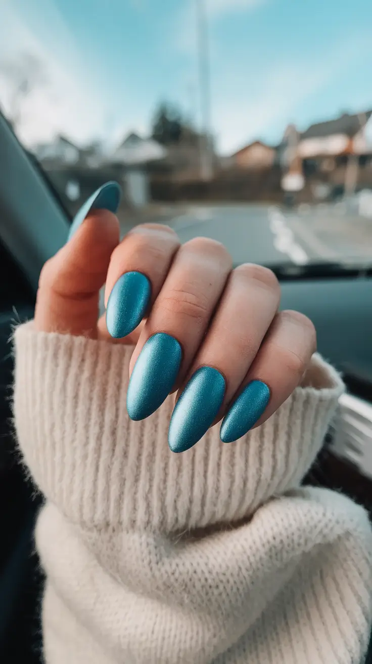 summer blue nails ideas 2025+Satin Teal Almond Perfection