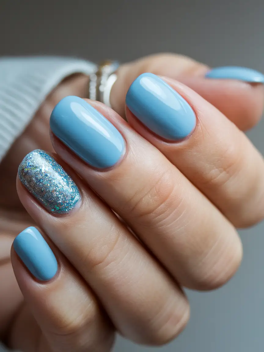 summer blue nails ideas 2025+Glossy Sky Blue with a Glittered Accent