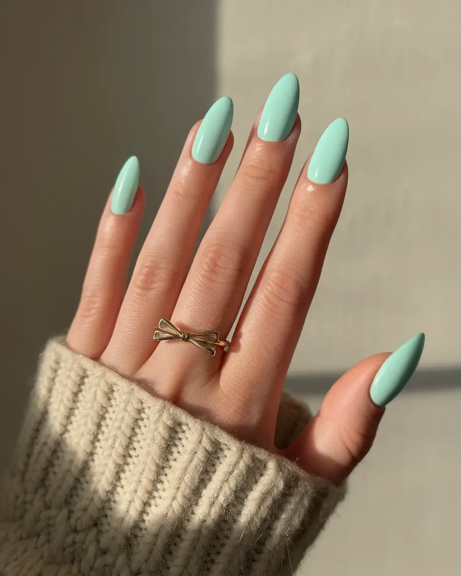 summer blue nails ideas 2025+Minted Serenity on Almond Tips