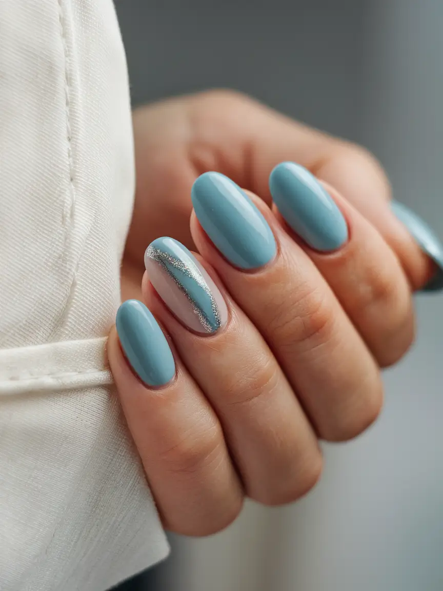 summer blue nails ideas 2025+Silver Stripe Detail on Calm Blue