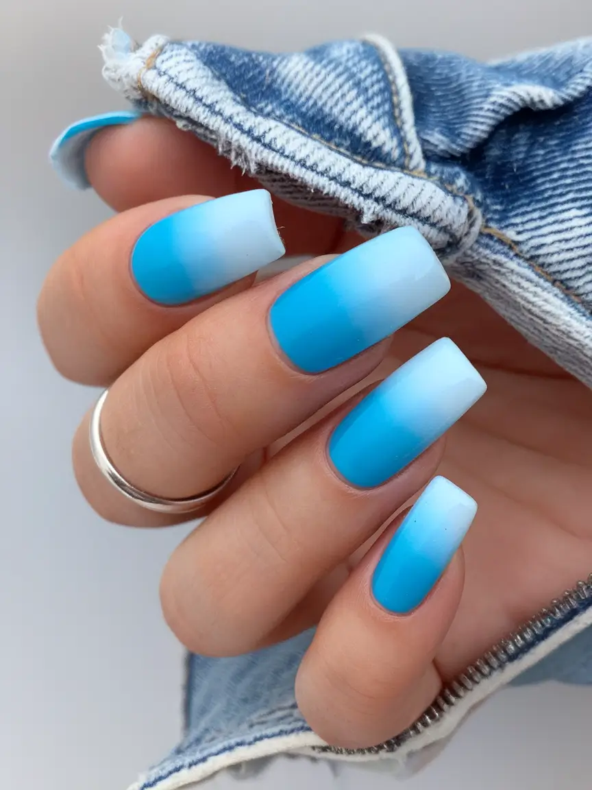 summer blue nails ideas 2025+Ice Blue Ombre on Square Tips