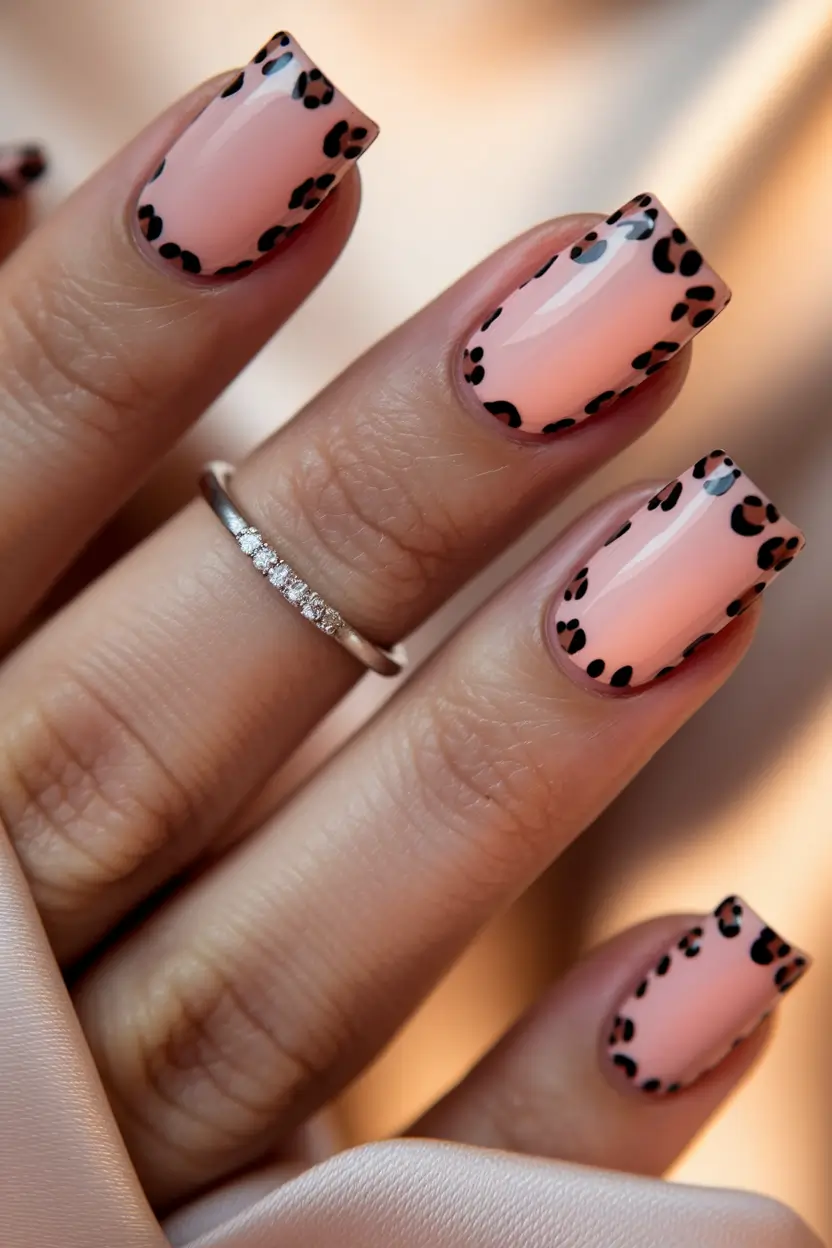summer french nails ideas 2025 Chic Leopard Tips on a Soft Blush Base