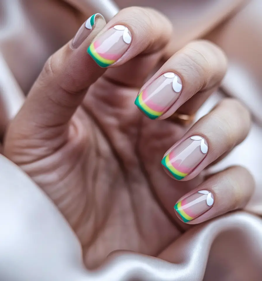 summer french nails ideas 2025 Rainbow French with Glossy Details