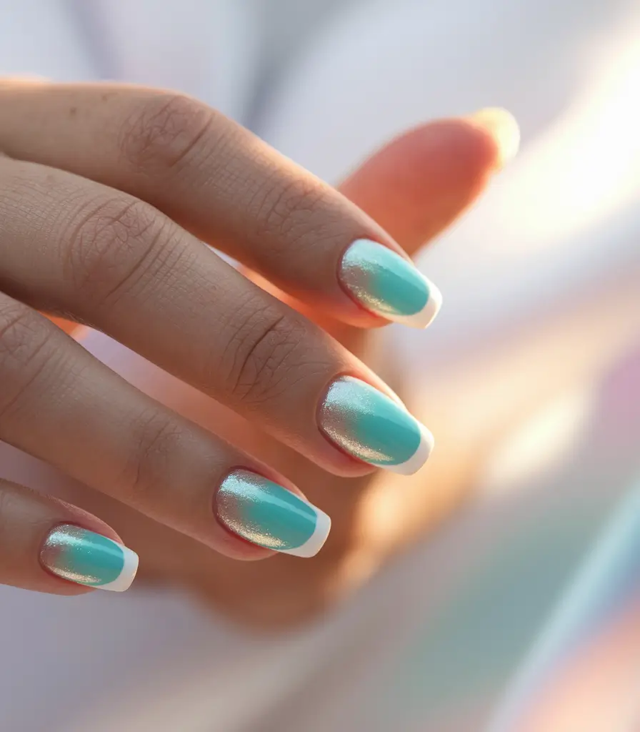 summer french nails ideas 2025 Mermaid Pearl Aqua with White French Fade