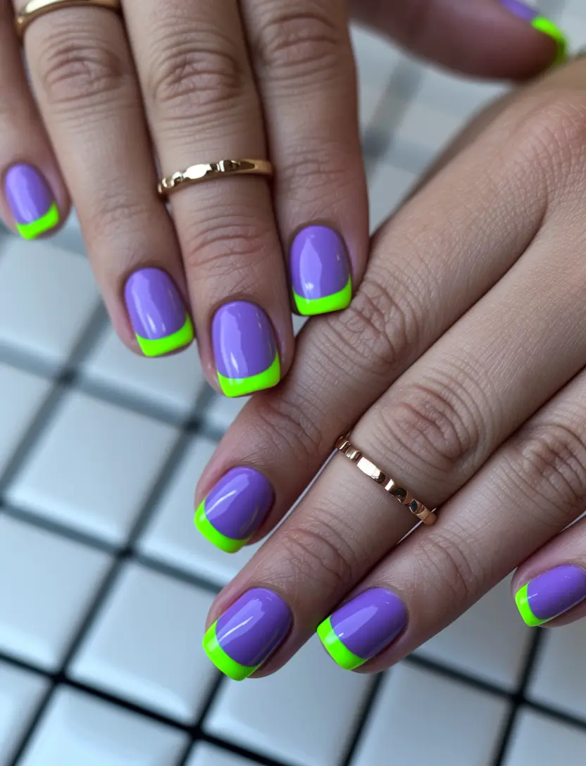 summer french nails ideas 2025 Purple & Lime Pop French for Short Nails
