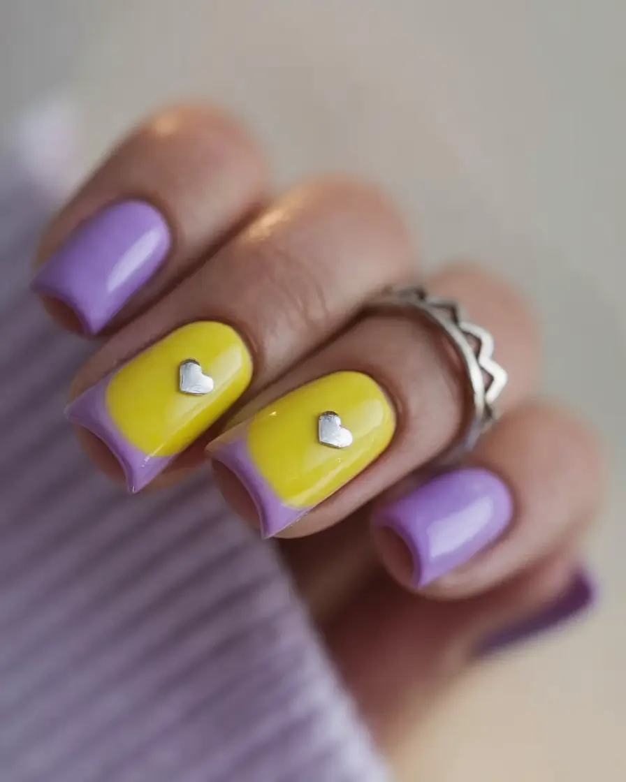 summer french nails ideas 2025 Lemon Lavender Love with Heart Accents