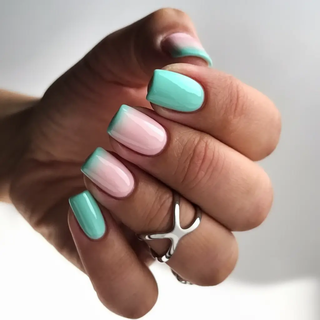 summer french nails ideas 2025 Mint & Pink Split Ombré on Short Nails