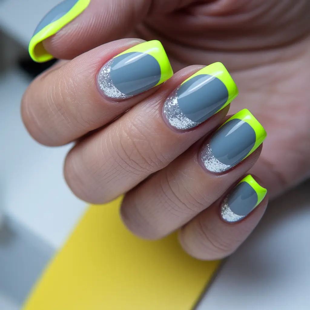 summer french nails ideas 2025 Silver Glitter with Neon Edges on Gray