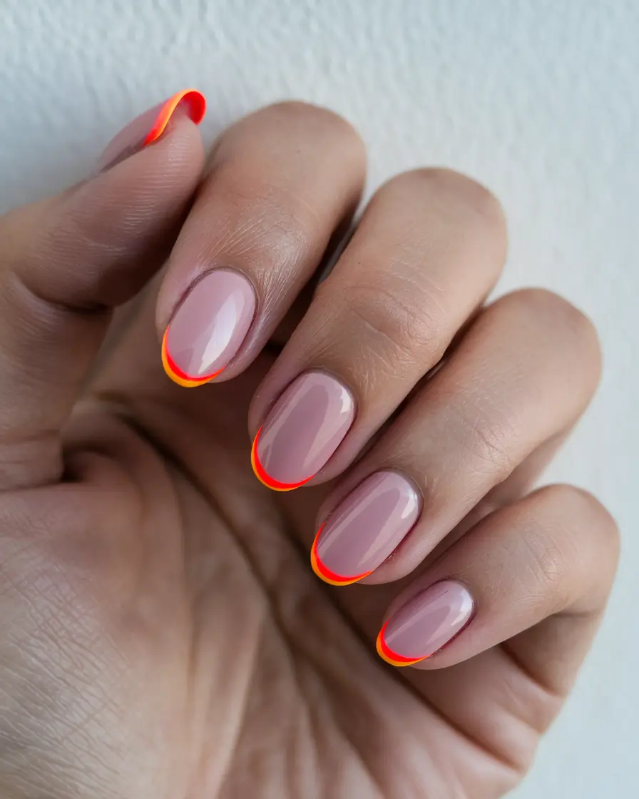 summer french nails ideas 2025 Sunset Flame French with Red and Neon Edge