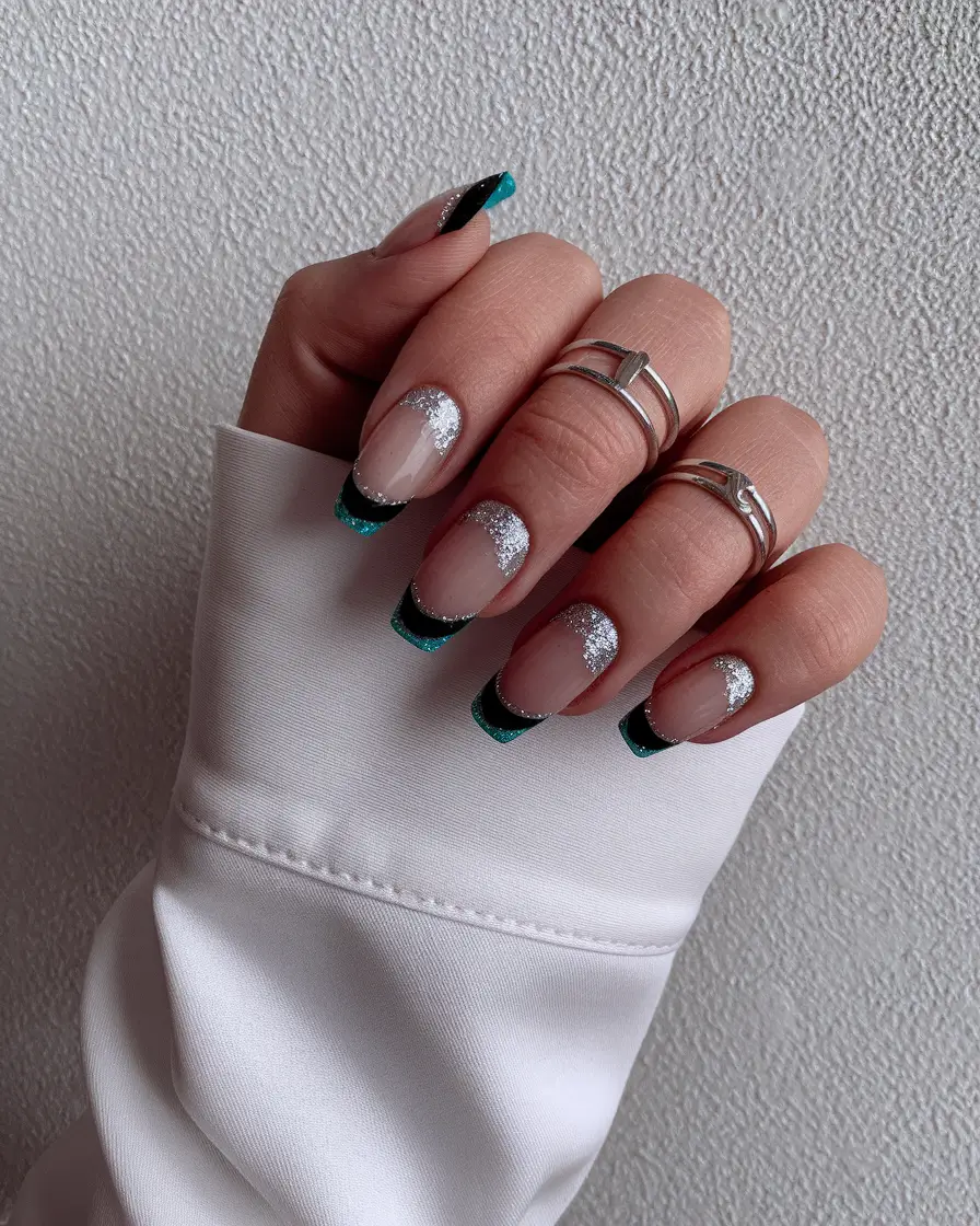 summer french nails ideas 2025 Black and Teal French Tips with Glitter Curve