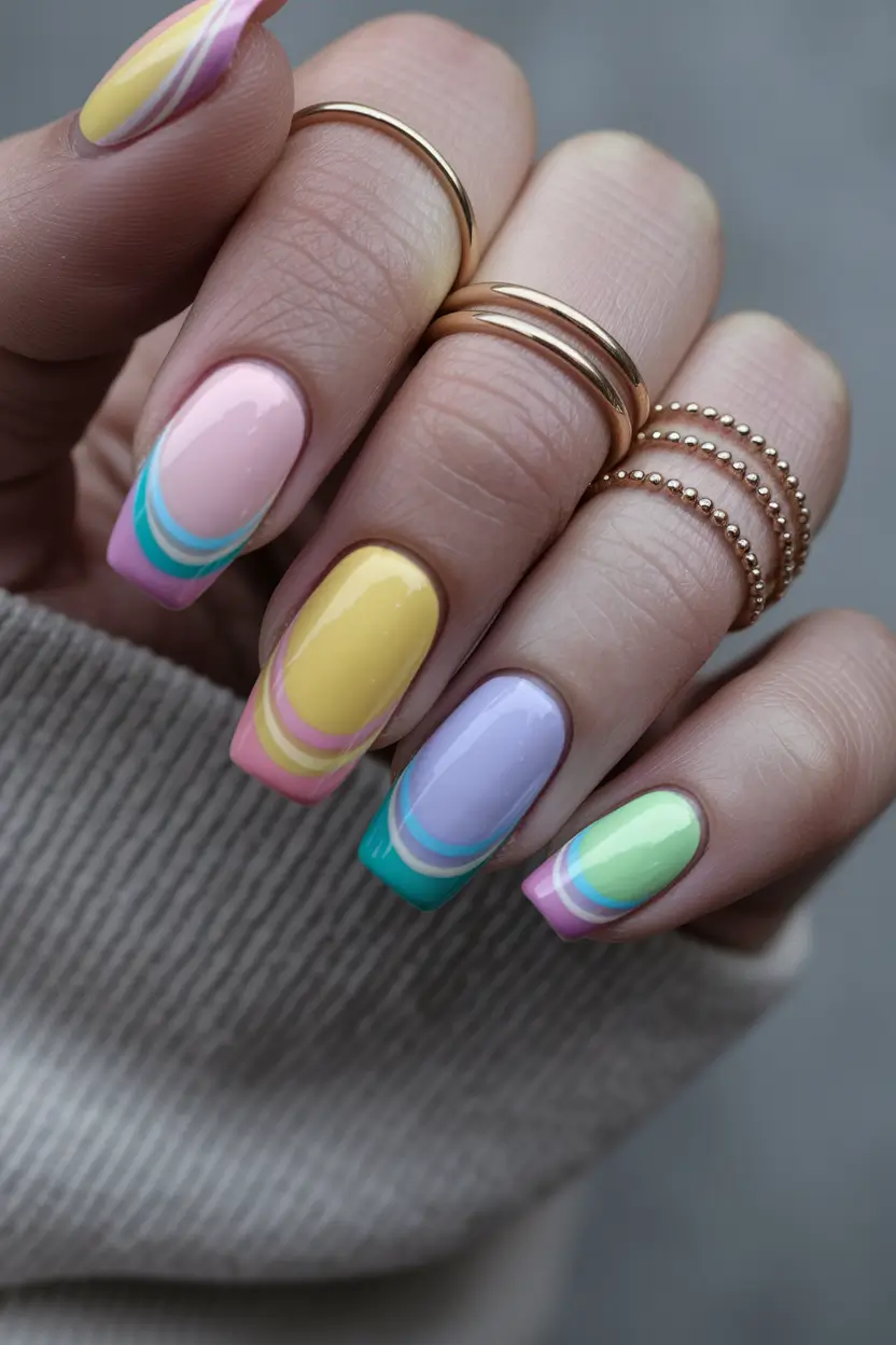 summer french nails ideas 2025 Rainbow Wave Arches on Pastel Base
