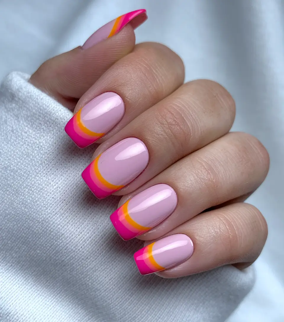 summer french nails ideas 2025 Hot Pink French Fade with a Pop of Orange