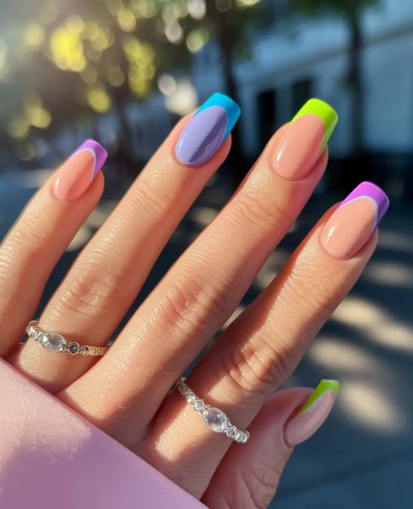 summer french nails ideas 2025 Color Pop French With Retro Flair